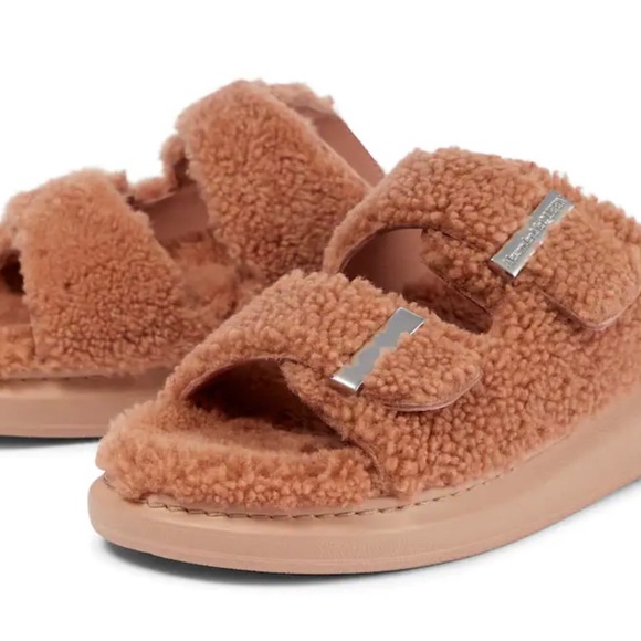 New Alexander McQueen double buckle brown shearling slides main image 3